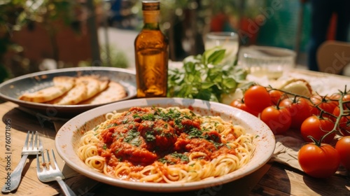 A sunny image of a delicious plate of spaghetti topped with rich tomato sauce and fresh basil  accompanied by bread and oil