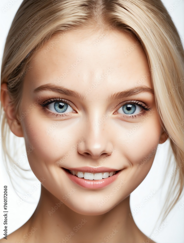 Bright White background Portrait of blonde caucasian smiling beautiful woman with smooth clean face glowing skin youth skin care ad concept from Generative AI