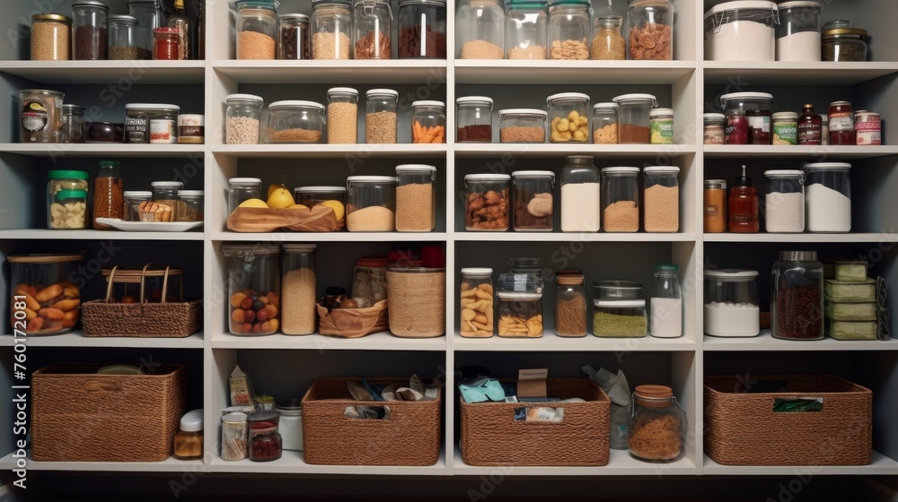 A well-organized pantry shelf displaying jars and woven baskets labeled for easy identification of contents