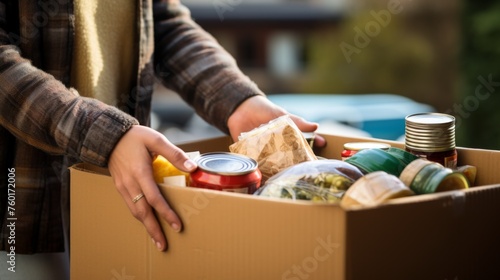 A person's hands holding a cardboard box with essential groceries, embodying a humanitarian effort
