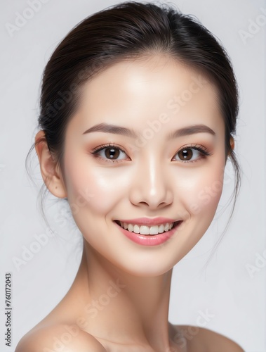 Bright White background Portrait of asian smiling beautiful woman with smooth clean face glowing skin youth skin care ad concept from Generative AI