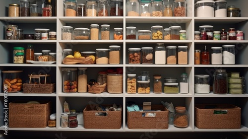 A well-organized pantry shelf displaying jars and woven baskets labeled for easy identification of contents photo