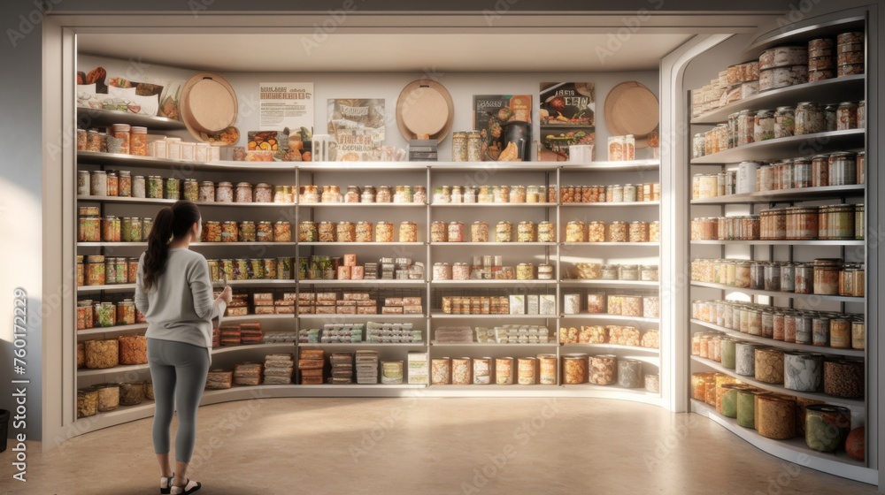A fashionable pantry with vast choices of neatly organized food items, lit by soft sunlight
