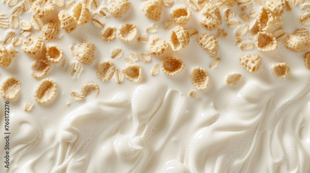 Close up of creamy yogurt with crispy, crunchy, golden corn flakes detail texture background. Top view of healthy organic natural yoghurt twist, twirl surface with cereal product backdrop, wallpaper Close up of creamy yogurt with crispy, crunchy, golden corn flakes detail texture background. Top view of healthy organic natural yoghurt twist, twirl surface with cereal product backdrop, wallpaper
