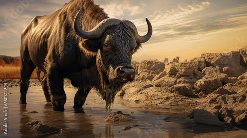 Striking photo of a dominant Cape buffalo grazing in the wild  with a backdrop of a golden sunset and rugged terrain