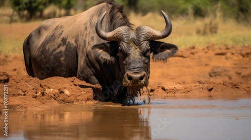 An African Buffalo stands knee-deep in water at a waterhole  cooling off and drinking amidst the hot savanna