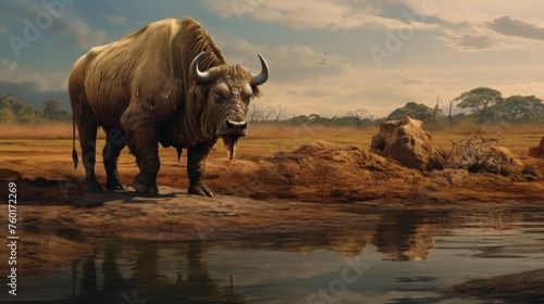 A robust buffalo grazes in the savannah, with birds flying overhead in a vast, open landscape under a warming sky © Major