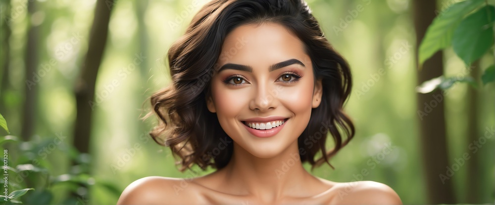 Bright Forest Green background Portrait of hispanic smiling beautiful woman with smooth clean face glowing skin youth skin care ad concept from Generative AI Bright Forest Green background Portrait of hispanic smiling beautiful woman with smooth clean face glowing skin youth skin care ad concept from Generative AI