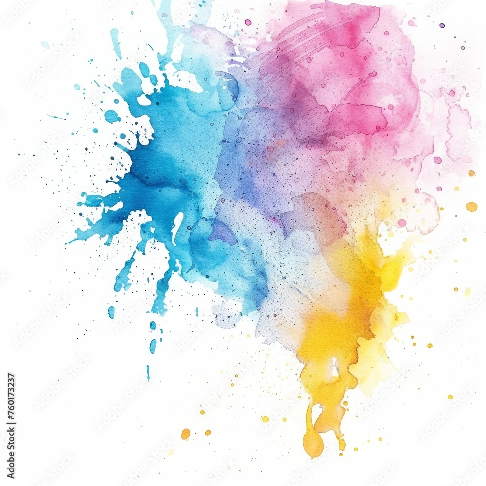 Vibrant watercolor splash in rainbow hues isolated on a white background, expressing creativity and artistic inspiration.