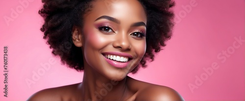 Bright Pink background Portrait of black african smiling beautiful woman with smooth clean face glowing skin youth skin care ad concept from Generative AI