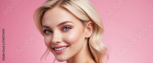 Bright Pink background Portrait of blonde caucasian smiling beautiful woman with smooth clean face glowing skin youth skin care ad concept from Generative AI photo