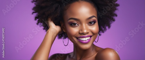 Bright Purple background Portrait of black african smiling beautiful woman with smooth clean face glowing skin youth skin care ad concept from Generative AI