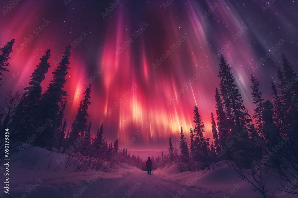 Northern lights above snow trees. Winter landscape with mountains and forest. Aurora borealis with starry in the night sky. Fantastic Winter Epic Magical Landscape. Gaming RPG background