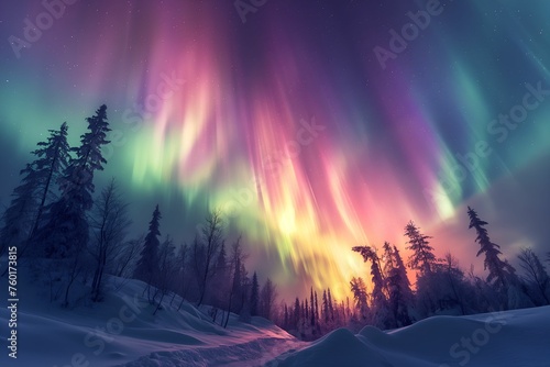 Northern lights above snow trees. Winter landscape with mountains and forest. Aurora borealis with starry in the night sky. Fantastic Winter Epic Magical Landscape. Gaming RPG background photo