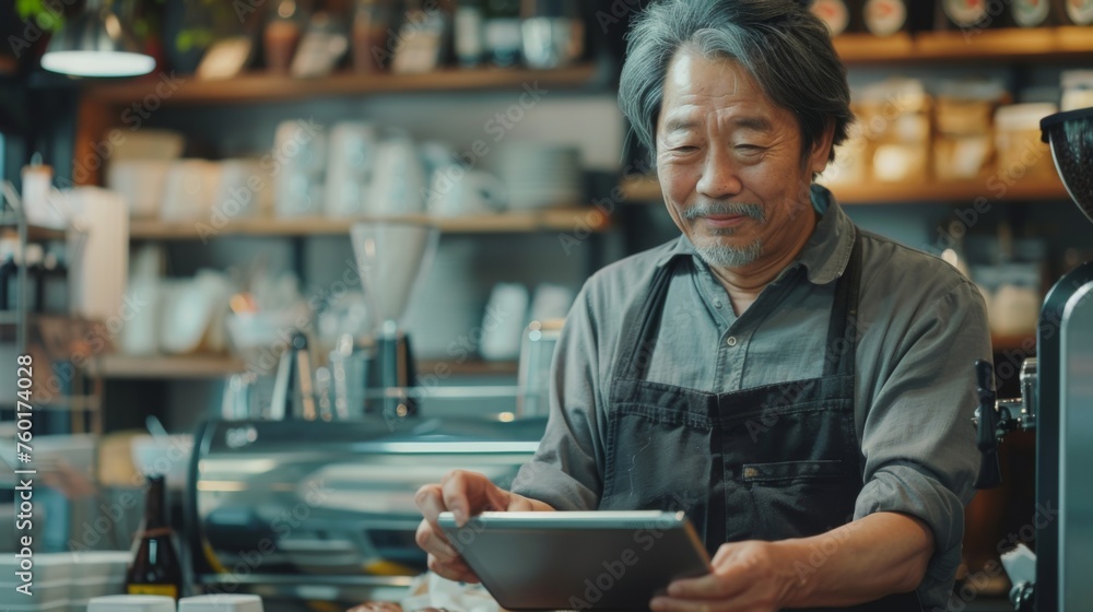 Portrait of a happy coffee shop worker with a tablet
Portrait of a happy coffee shop worker with a tablet