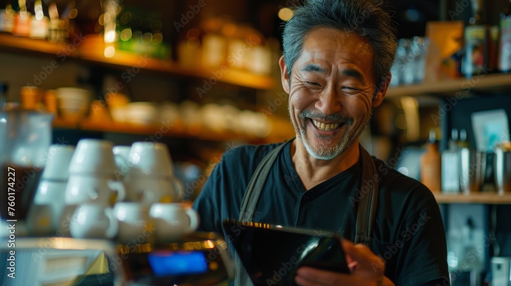 Portrait of a happy coffee shop worker with a tablet
