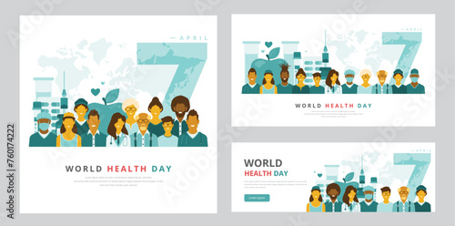 World health day concepts highlighting April 7. Features diverse community including medical professionals. Perfect for any poster, web banner, header or social media post