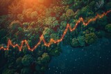 A graphical representation of a rising stock market trend line superimposed on a serene natural backdrop, symbolizing economic growth in harmony with the environment.