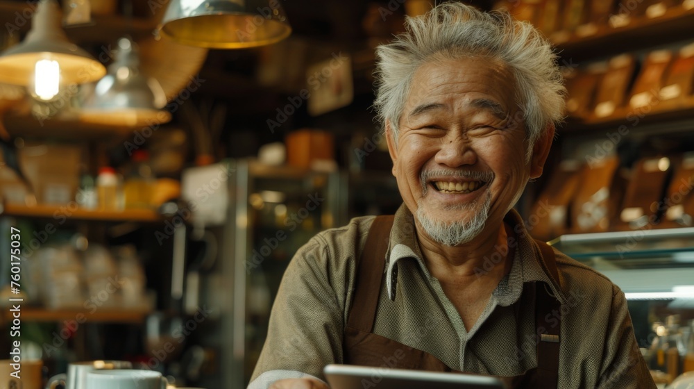 Portrait of a happy coffee shop worker with a tablet
Portrait of a happy coffee shop worker with a tablet