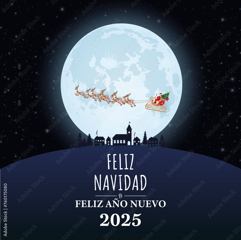 tarjeta o pancarta para desear una Feliz Navidad y un Próspero Año Nuevo 2025 en blanco sobre fondo negro con la luna y el trineo de Papá Noel pasando al frente tarjeta o pancarta para desear una Feliz Navidad y un Próspero Año Nuevo 2025 en blanco sobre fondo negro con la luna y el trineo de Papá Noel pasando al frente