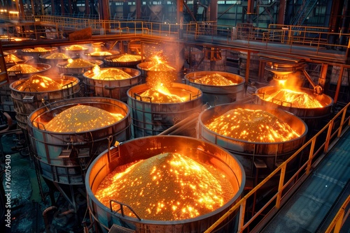 Industrial Steel Manufacturing: Large Foundry with Hot Molten Metal in Crucibles at Night