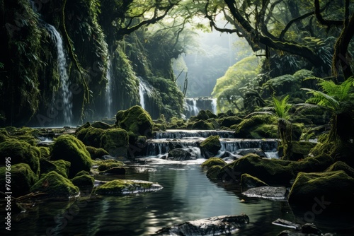 River meandering through verdant forest with distant waterfall