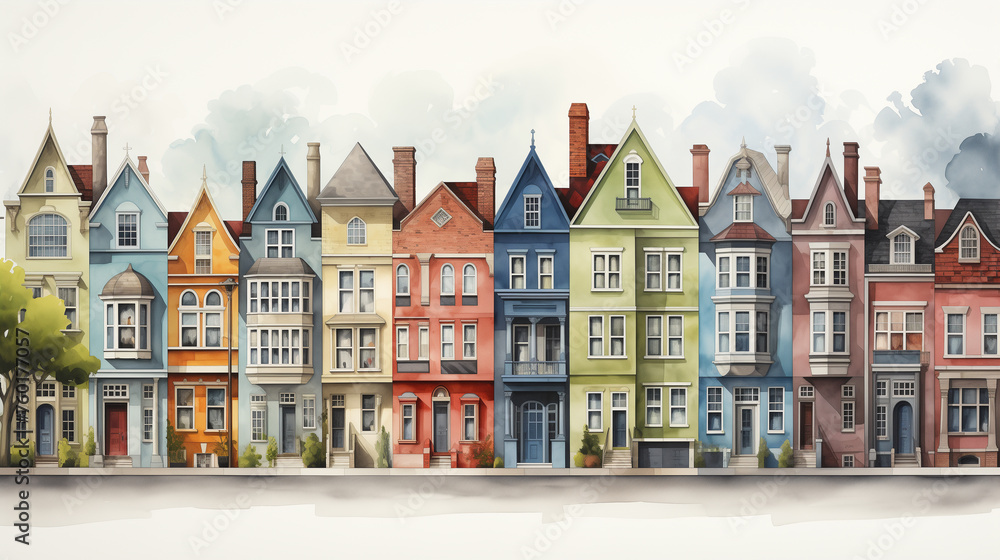 A watercolor illustration depicts a historic neighborhood with colorful facades, narrow streets, and architectural details of bygone eras.