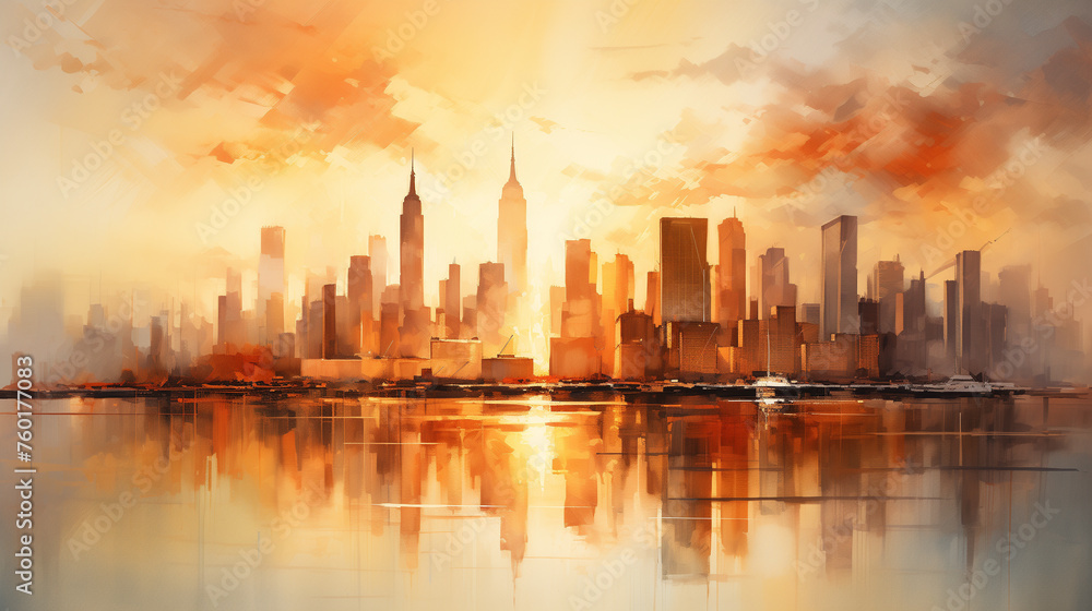 The watercolor illustration portrays the city skyline at sunset, featuring warm hues and silhouettes of buildings against the golden sky.