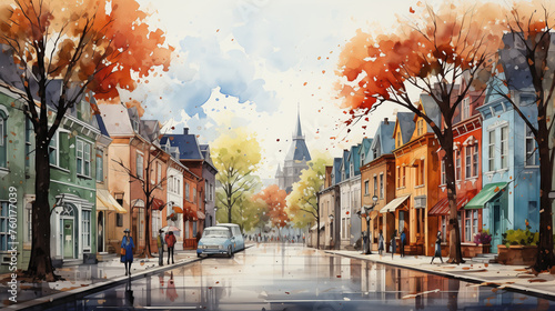 Colorful, Victorian-style row houses adorn a charming street in the watercolor illustration.