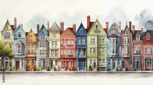 A watercolor illustration depicts a historic neighborhood with colorful facades, narrow streets, and architectural details of bygone eras.