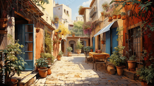 In the watercolor illustration  a picturesque Mediterranean village setting features a quaint and sunlit alley with potted plants and bistro tables.