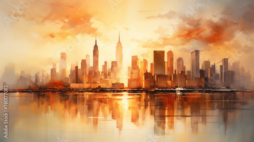 The watercolor illustration portrays the city skyline at sunset, featuring warm hues and silhouettes of buildings against the golden sky. © NaphakStudio