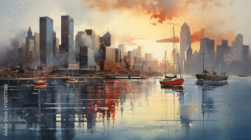 Watercolor illustration of cityscape shows sailboats moored in a tranquil harbor as the sunset casts a warm glow over the towering skyline.