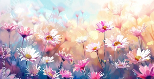 pastel colored field of daises in alcohol style painting, on a white background