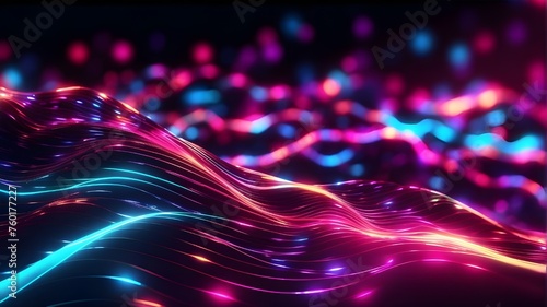 3D render of an abstract neon background including vibrant bokeh lights and luminous, wavy lines.