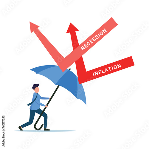 Businessman protect himself with big umbrella from inflation and recession. Business and company survive concept vector illustration