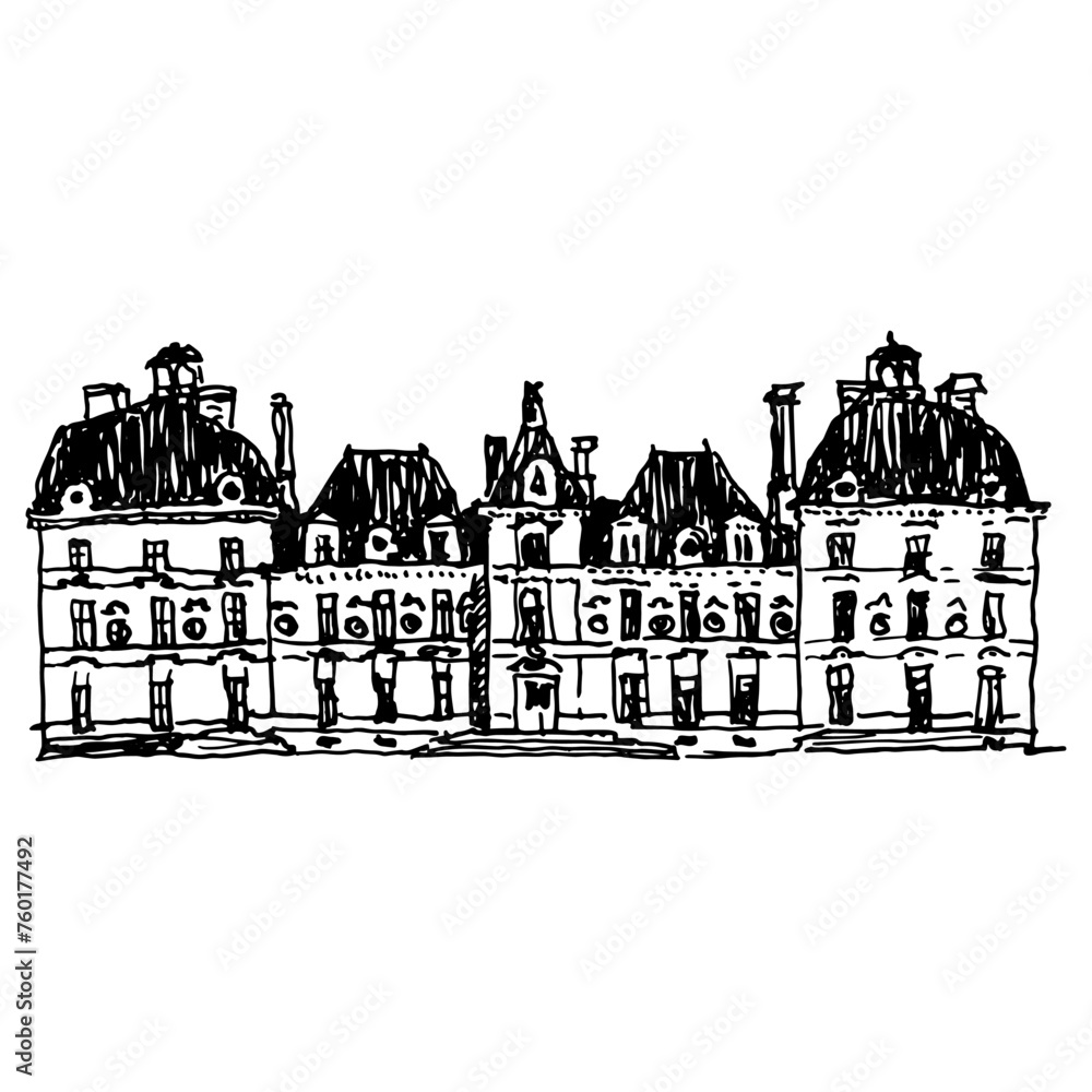 Château de Cheverny. Old castle on Loire, France. Hand drawn linear doodle rough sketch. Black and white silhouette.