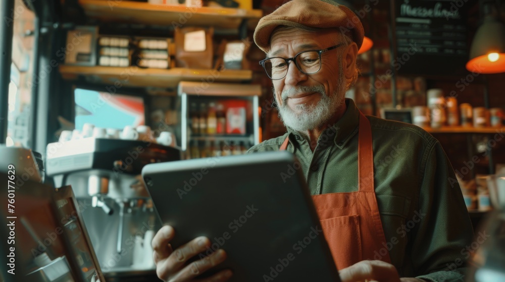 Portrait of a happy coffee shop worker with a tablet Portrait of a happy coffee shop worker with a tablet