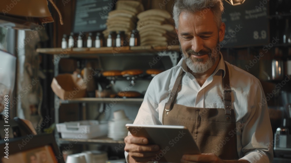 Portrait of a happy coffee shop worker with a tablet Portrait of a happy coffee shop worker with a tablet