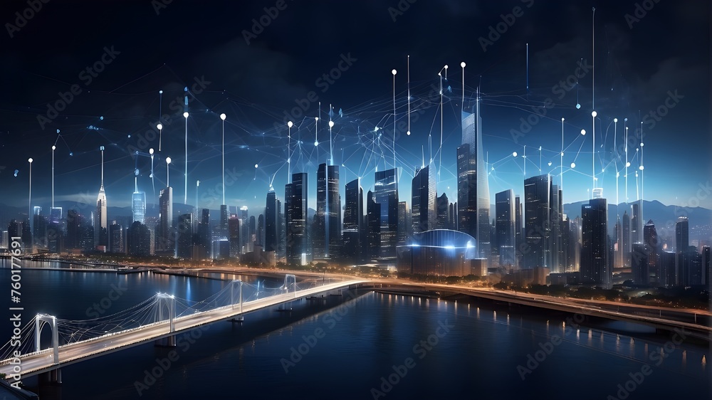 Contemporary metropolis including a wireless network connection and a cityscape design.Concept of wireless network and connection technology against a nighttime metropolitan backdrop.