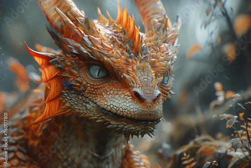 A whimsical and enchanting image featuring a magical creature from a fairy-tale world, a small and mystical dragon