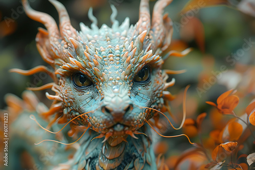 A whimsical and enchanting image featuring a magical creature from a fairy-tale world, a small and mystical dragon