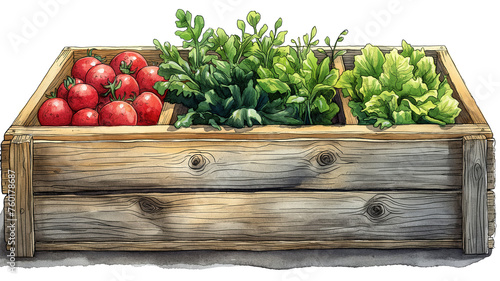 a raised bed with vegetable plants, and herb plants growing, with vegetables, side view PNG, in a Gardening-themed, isolated, and transparent photorealistic illustration. Generative ai