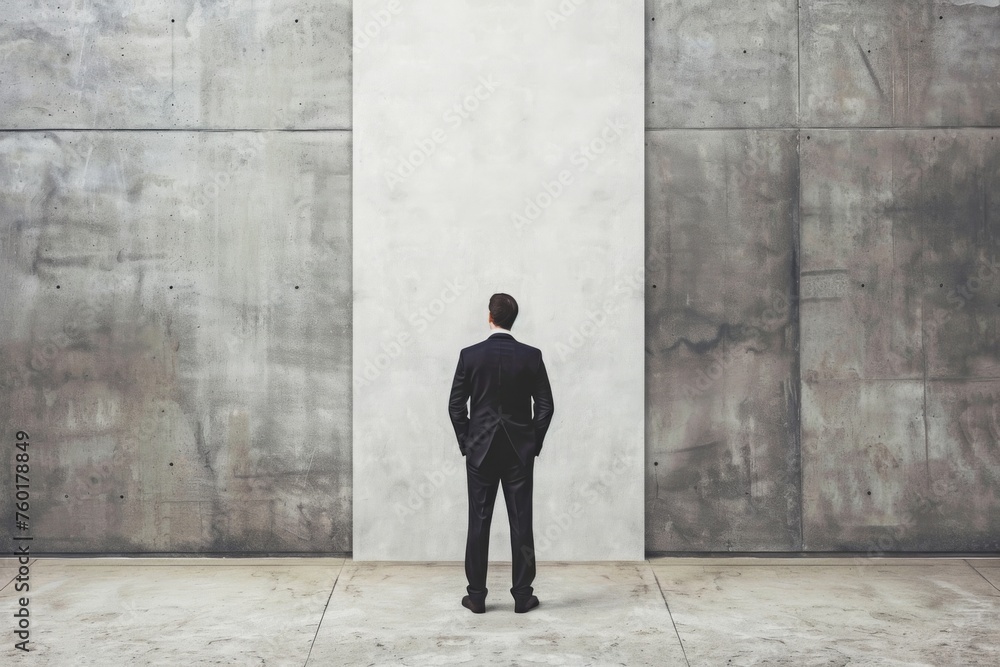 A determined businessman in a suit stands perplexed before a towering wall, symbolizing a sudden, insurmountable obstacle and a dead-end in his career path, with no clear way forward. A determined businessman in a suit stands perplexed before a towering wall, symbolizing a sudden, insurmountable obstacle and a dead-end in his career path, with no clear way forward.
