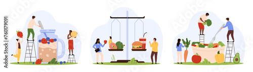 Vitamin nutrition and diet for body health set. Tiny people compare healthy food and fastfood on scales, cooking vegetable salad in bowl and berry granola for breakfast cartoon vector illustration