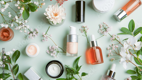 Skin Care Products and Flowers on Green Floral Background