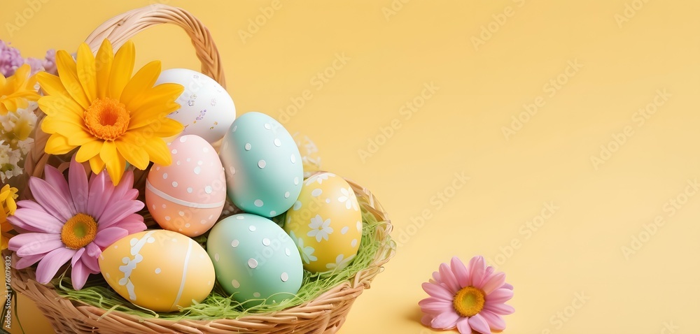 Easter basket filled with decorated eggs among spring flowers on a yellow background with copy space