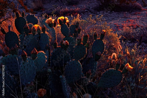 Dark Black flowers background large green cactuses in the arizona desert at sunset, Clouds photo