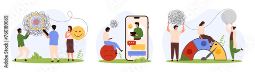 Support psychology therapy and counseling set. Tiny people research chaos of thread with magnifying glass, help and advices of professional psychologist from phone screen cartoon vector illustration