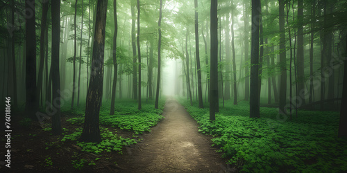 Trilha sinuosa na exuberante floresta verde photo